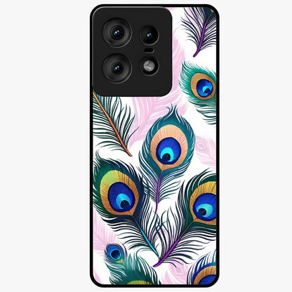 Royal Peacock Feathers Glass Case showing flat back view with colorful peacock feather artwork and glossy glass finish.