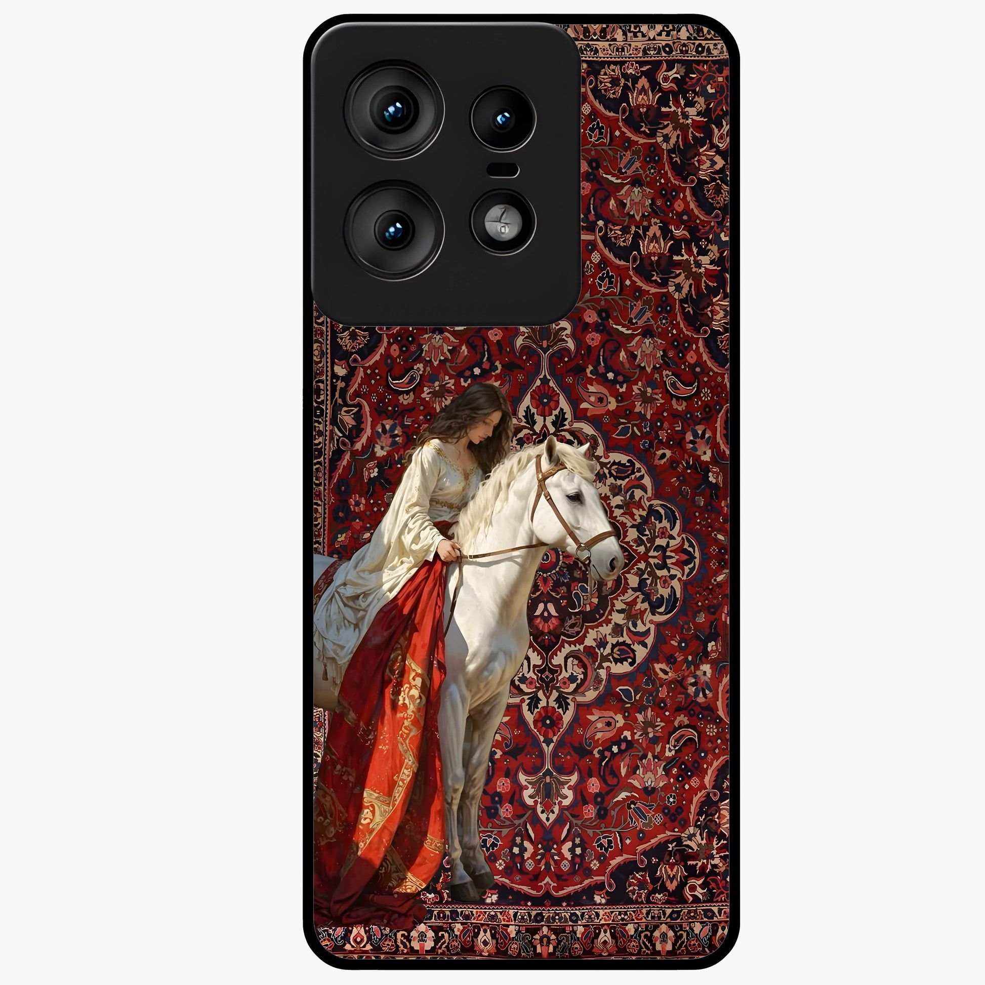 Royal Rider Tapestry Glass Case showing flat back view with majestic horse rider tapestry artwork and glossy glass finish.