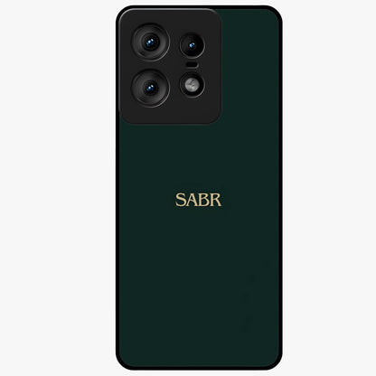Sabr Minimal Patience Glass Case showing flat back view with minimalist typography artwork and glossy glass finish.