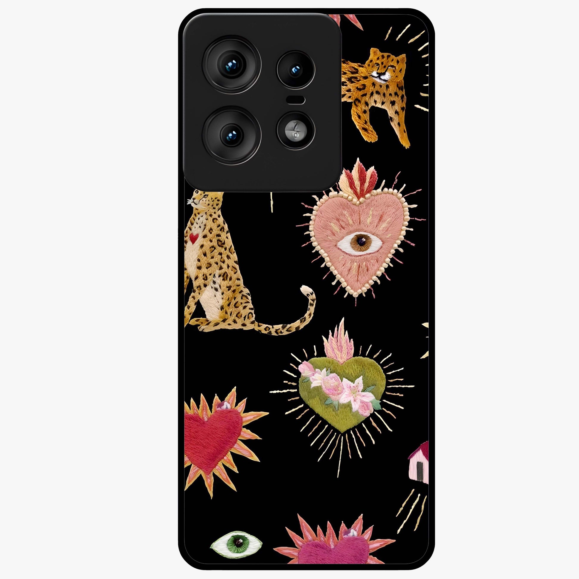 Sacred Jungle Heart Glass Case showing flat back view with jungle inspired heart artwork and glossy glass finish.