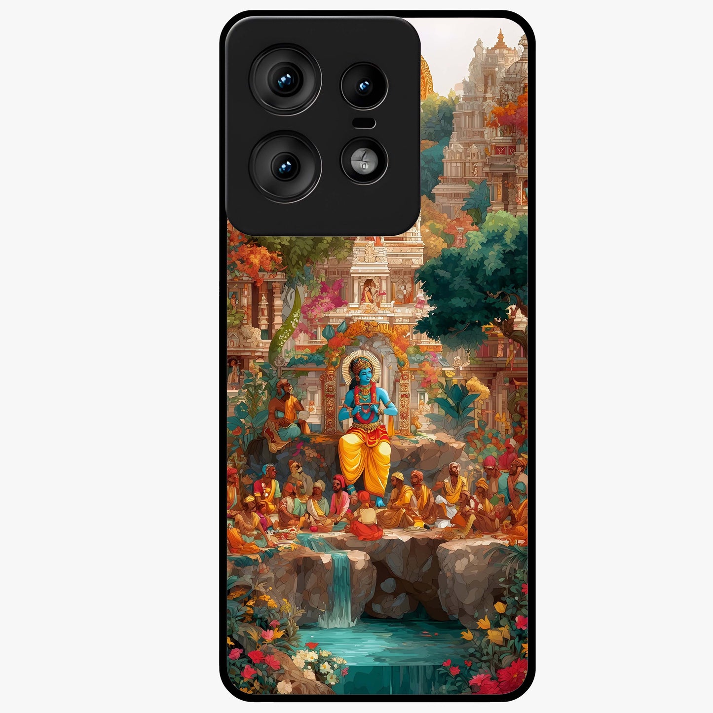 Sacred Sunlight Gods Glass Case showing flat back view with divine sunlight themed artwork and glossy glass finish.