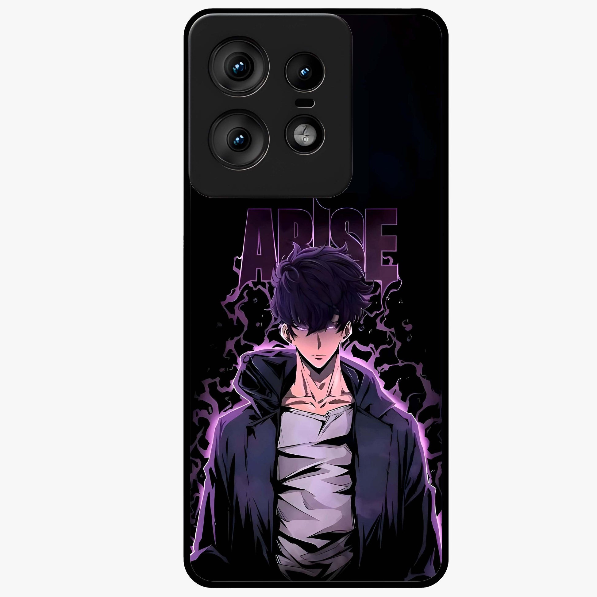 Shadow Monarch Awakening Glass Case showing flat back view with powerful dark monarch themed artwork and glossy glass finish.