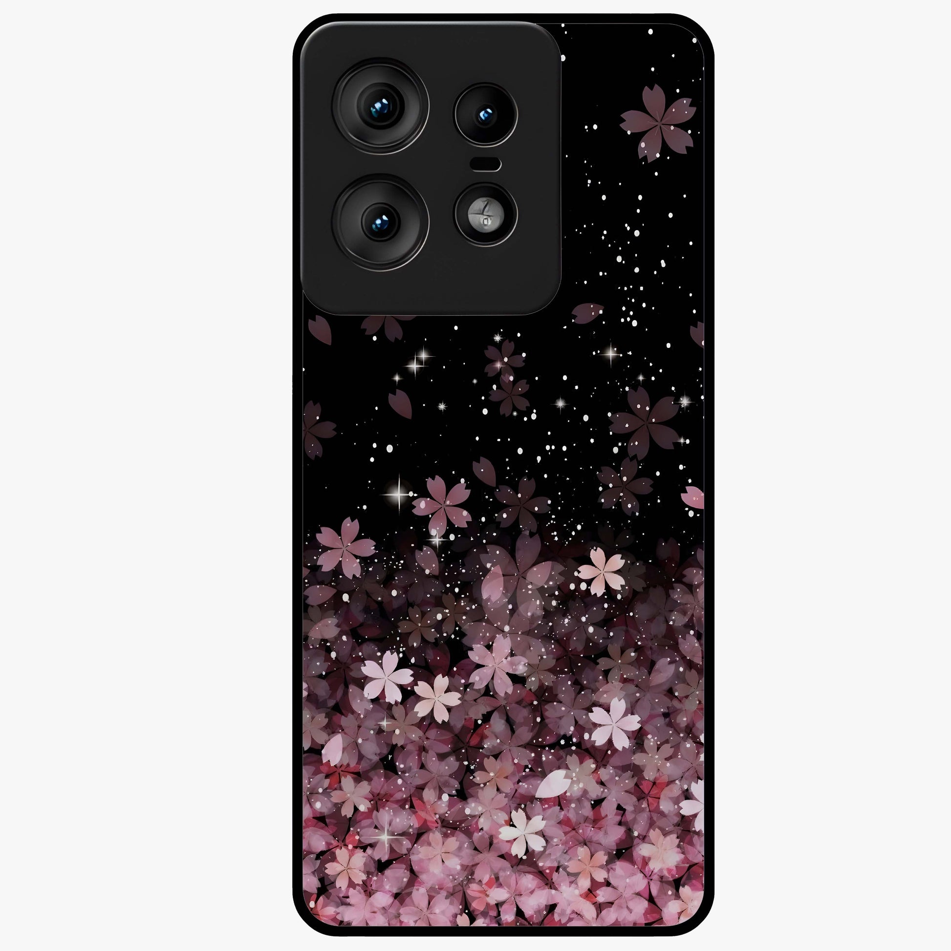 Small Starry Flowers Glass Case showing flat back view with delicate starry floral artwork and glossy glass finish.