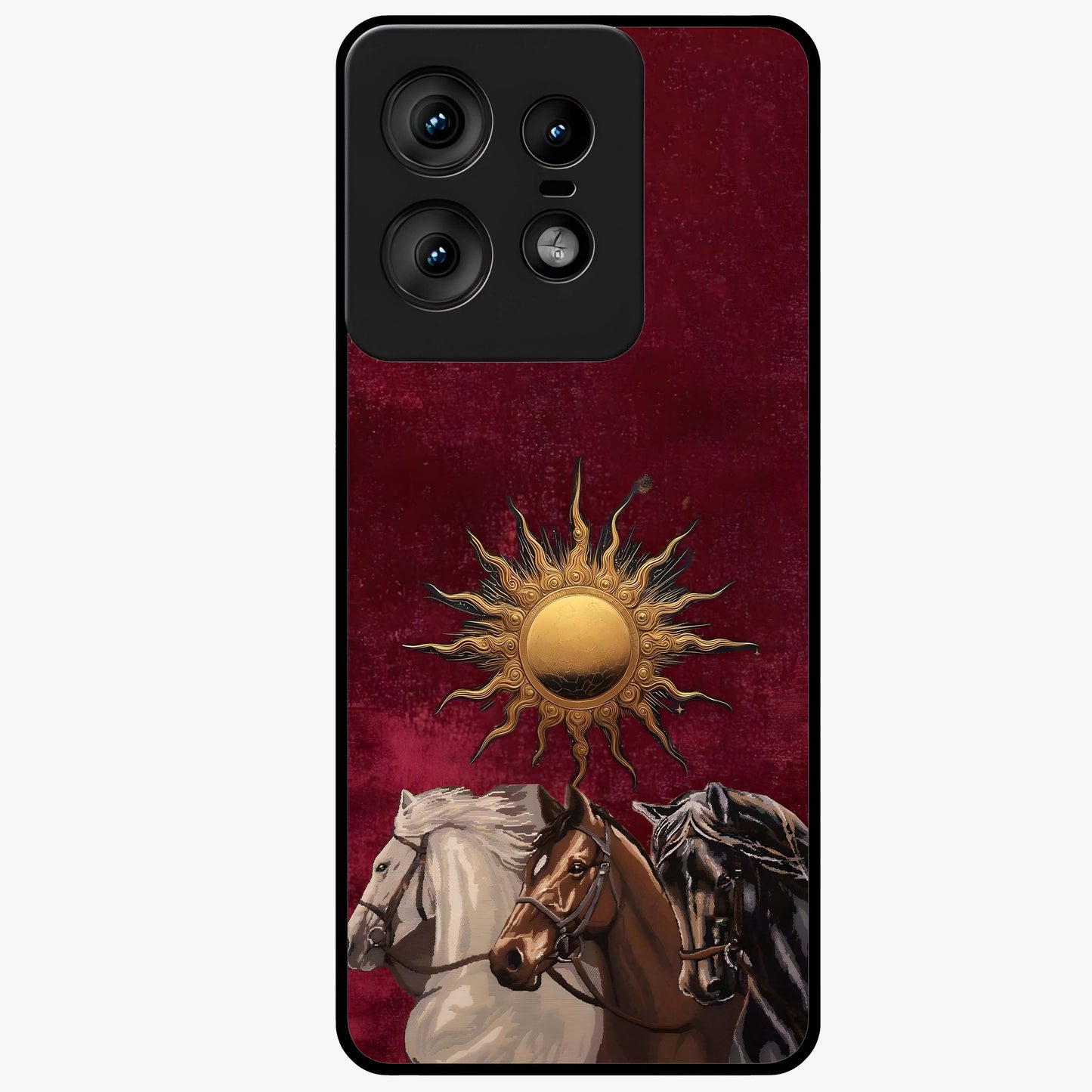 Solar Riders Glass Case showing flat back view with dynamic rider themed artwork and glossy glass finish.