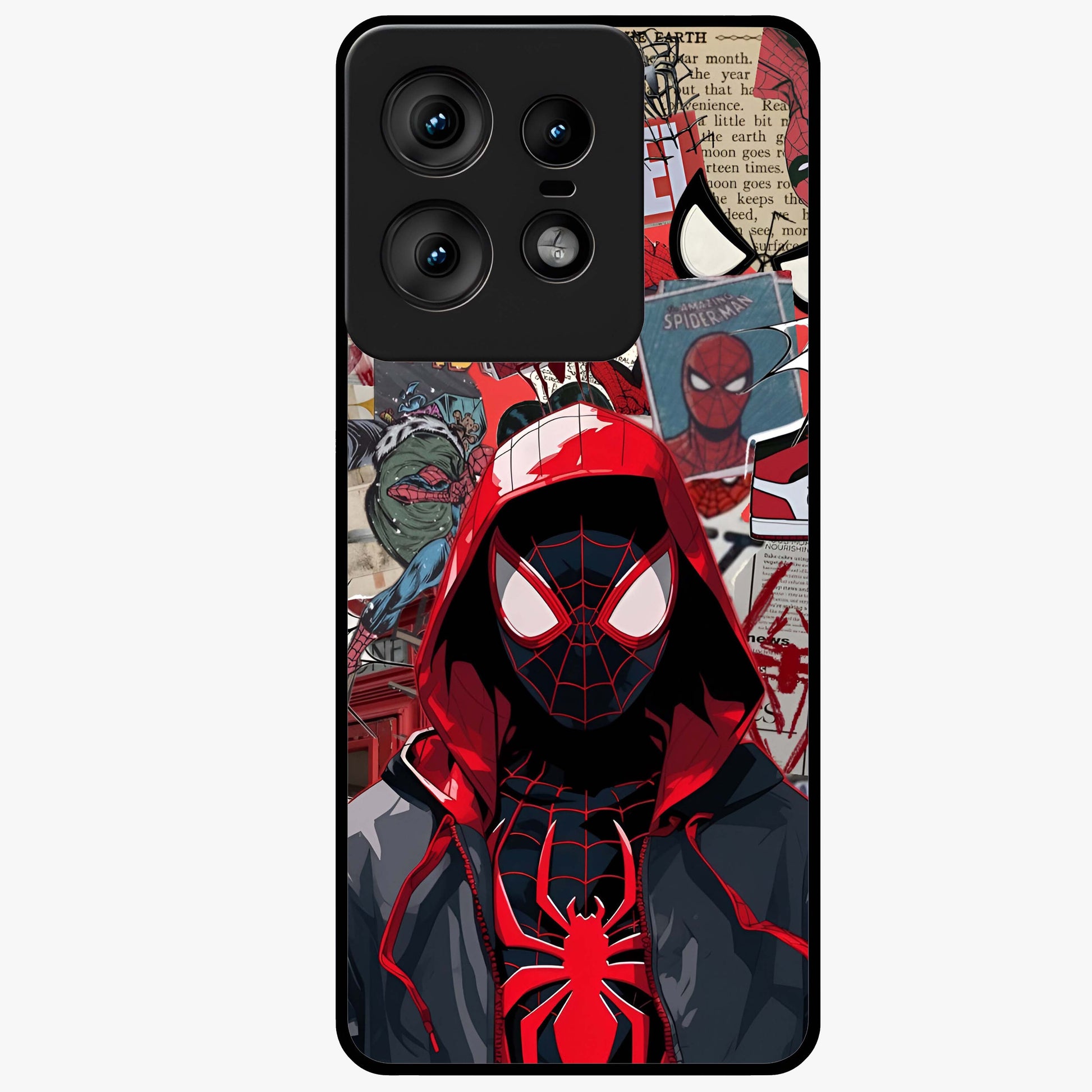 Spider Collage Street Glass Case showing flat back view with vibrant superhero collage artwork and glossy glass finish.