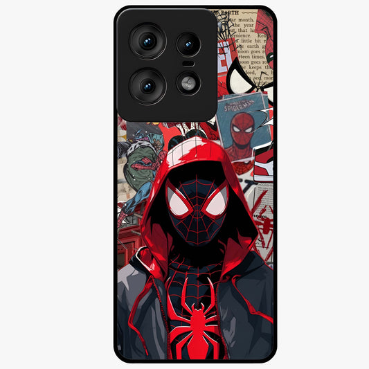 Spider Collage Street Glass Case showing flat back view with vibrant superhero collage artwork and glossy glass finish.