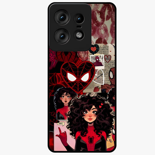 Spider Love Story Glass Case showing flat back view with romantic superhero themed artwork and glossy glass finish.