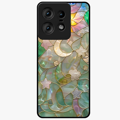 Stained Sunrise Glow Glass Case showing flat back view with glowing sunrise stained pattern artwork and glossy glass finish.