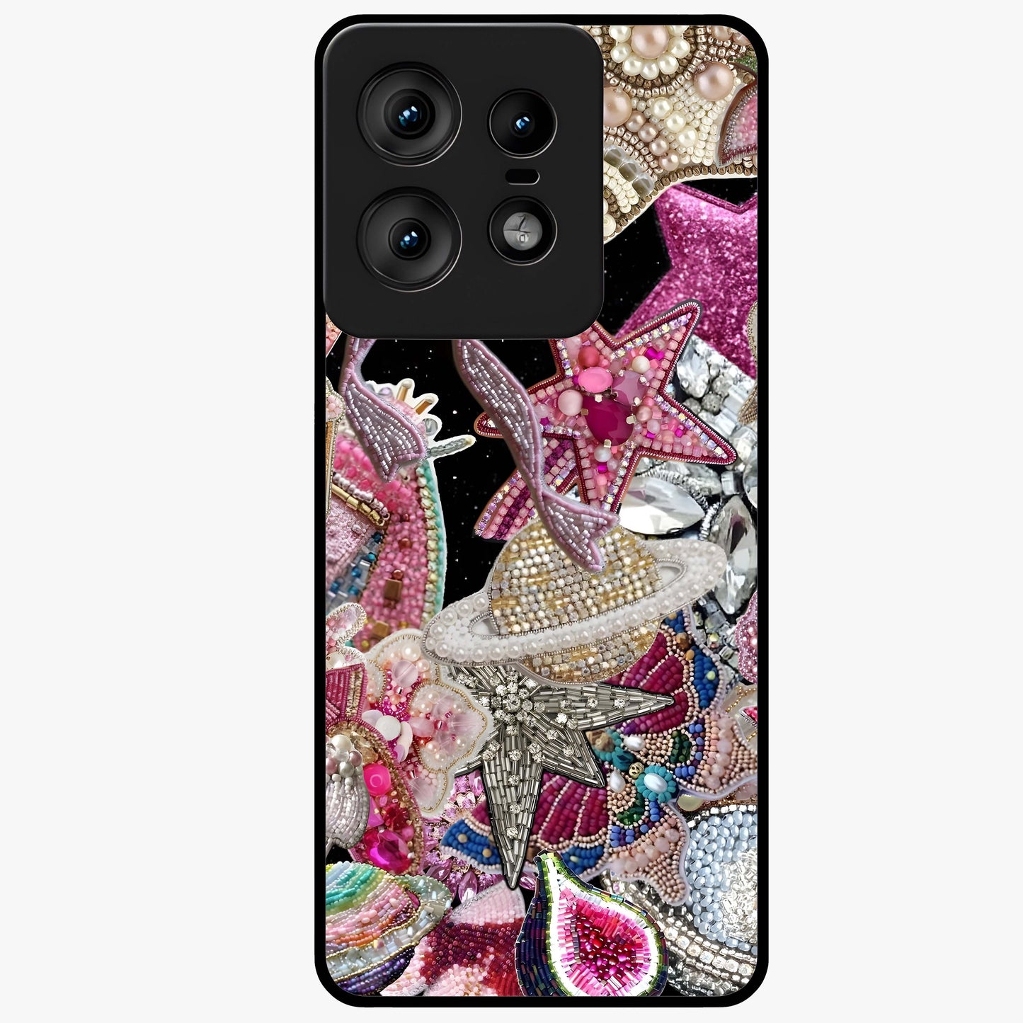 Starlit Jewel Dream Glass Case showing flat back view with sparkling jewel and star themed artwork and glossy glass finish.