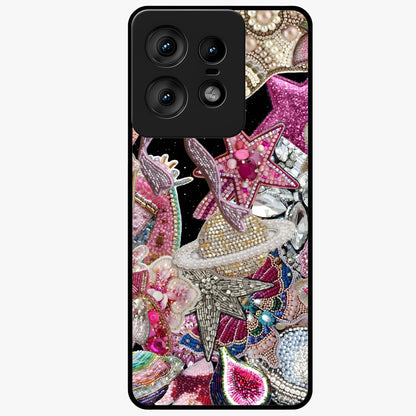Starlit Jewel Dream Glass Case showing flat back view with sparkling jewel and star themed artwork and glossy glass finish.