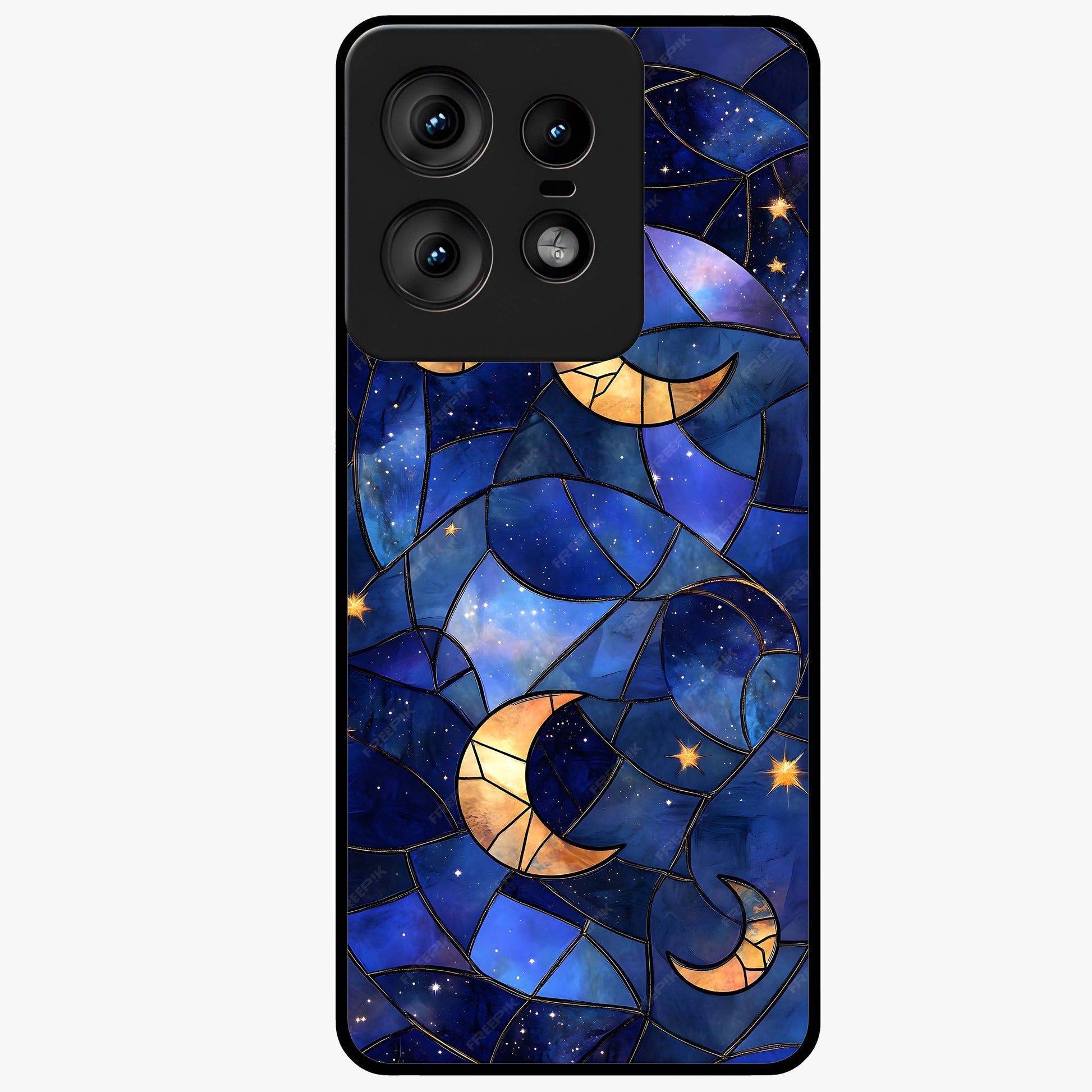 Starlit Sky Tapestry Glass Case showing flat back view with decorative starry sky tapestry artwork and glossy glass finish.