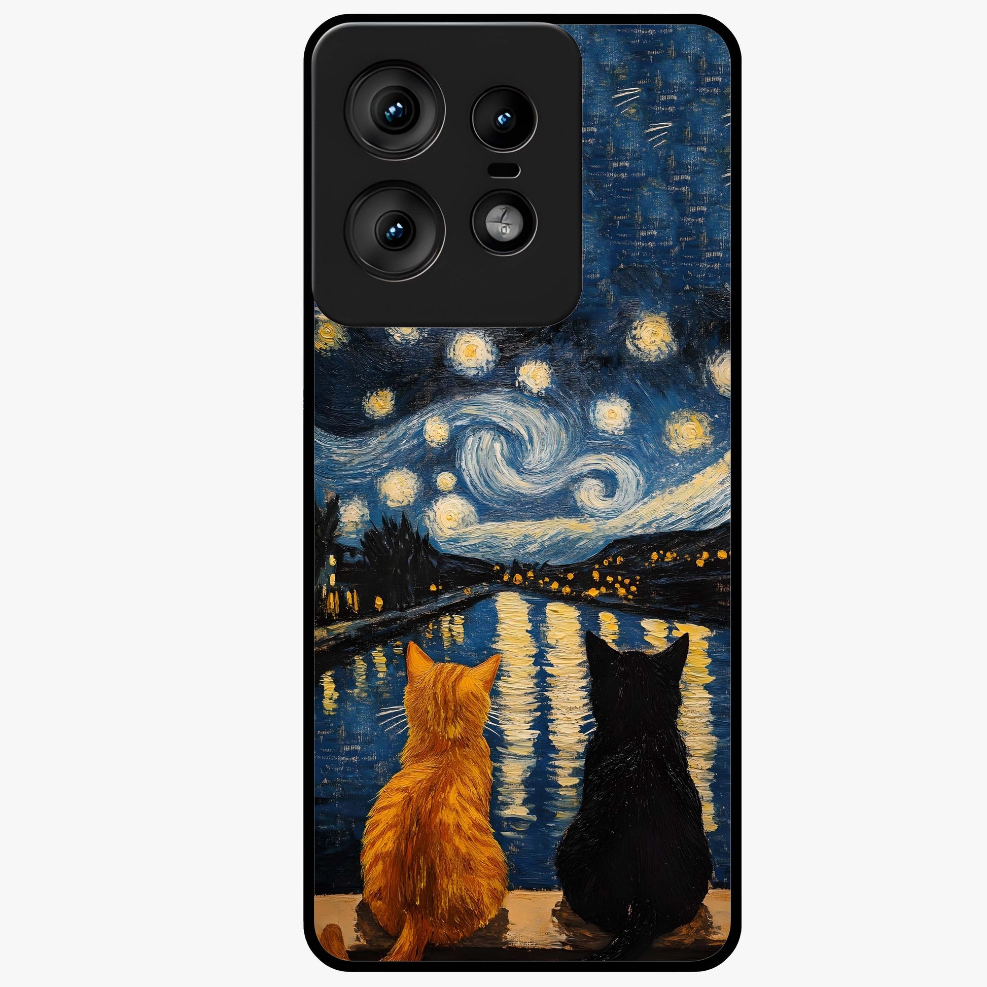 Starry River Cats Glass Case showing flat back view with cats by a starry river artwork and glossy glass finish.