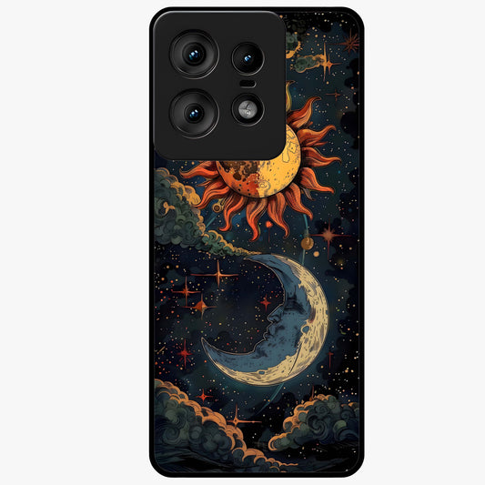 Sun And Moon Magic Design Glass Case showing flat back view with mystical sun and moon artwork and glossy glass finish.