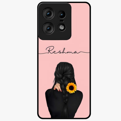 Sunflower Braid Beauty With Custom Name Glass Case showing flat back view with sunflower braid artwork and personalized name design.