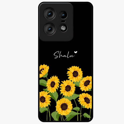 Sunflower Chic Mood Custom Name Glass Case showing flat back view with stylish sunflower artwork and personalized name design.