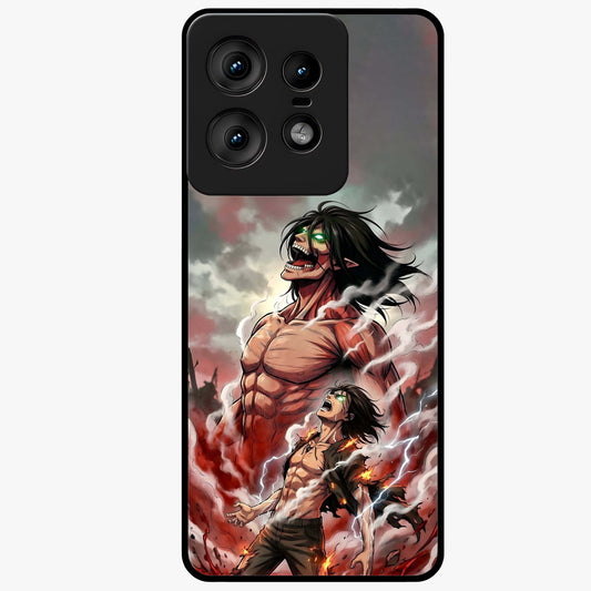 Titan Awakening Fury Glass Case showing flat back view with powerful titan inspired artwork and glossy glass finish.