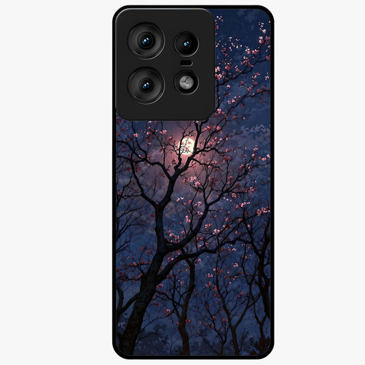 Twilight Sakura Serenade Glass Case showing flat back view with cherry blossom artwork at twilight and glossy glass finish.