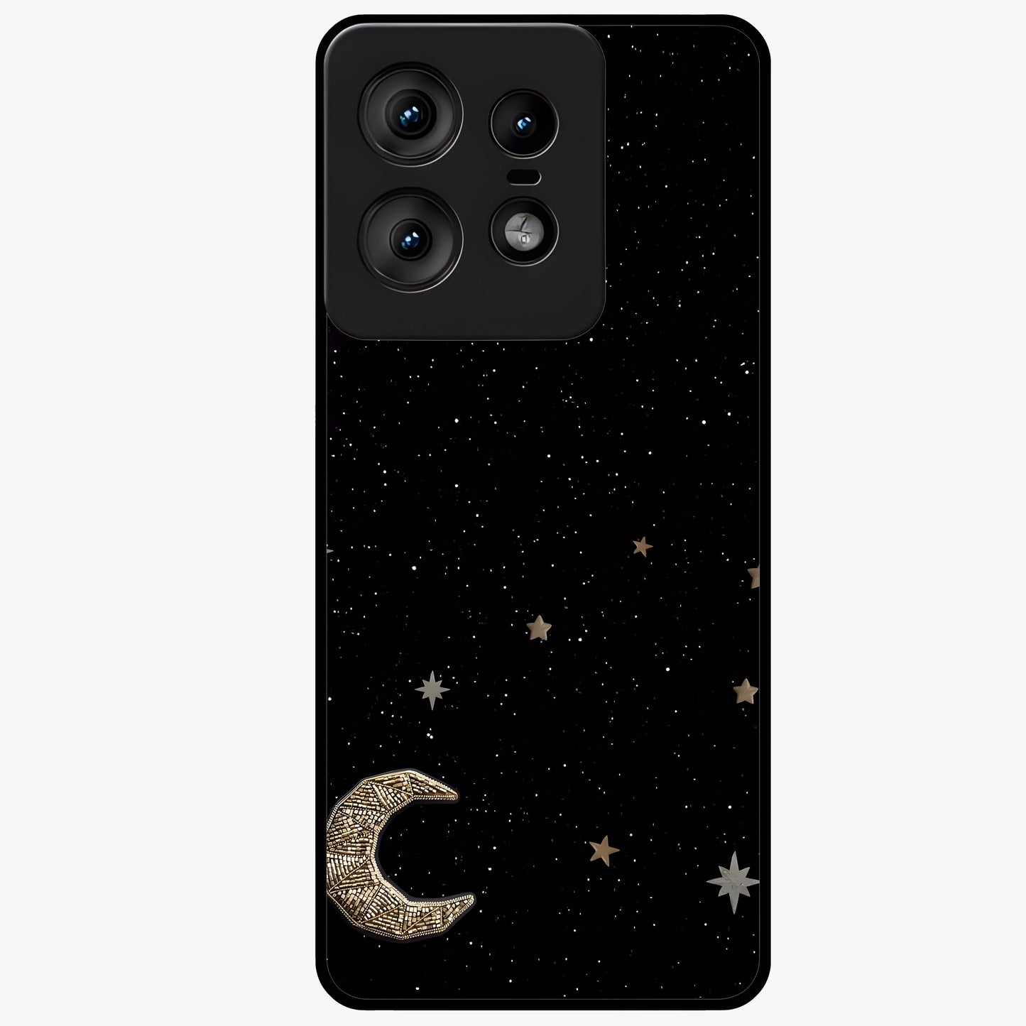 Twinkle Star With Half Moon Glass Case showing flat back view with star and half moon artwork and glossy glass finish.