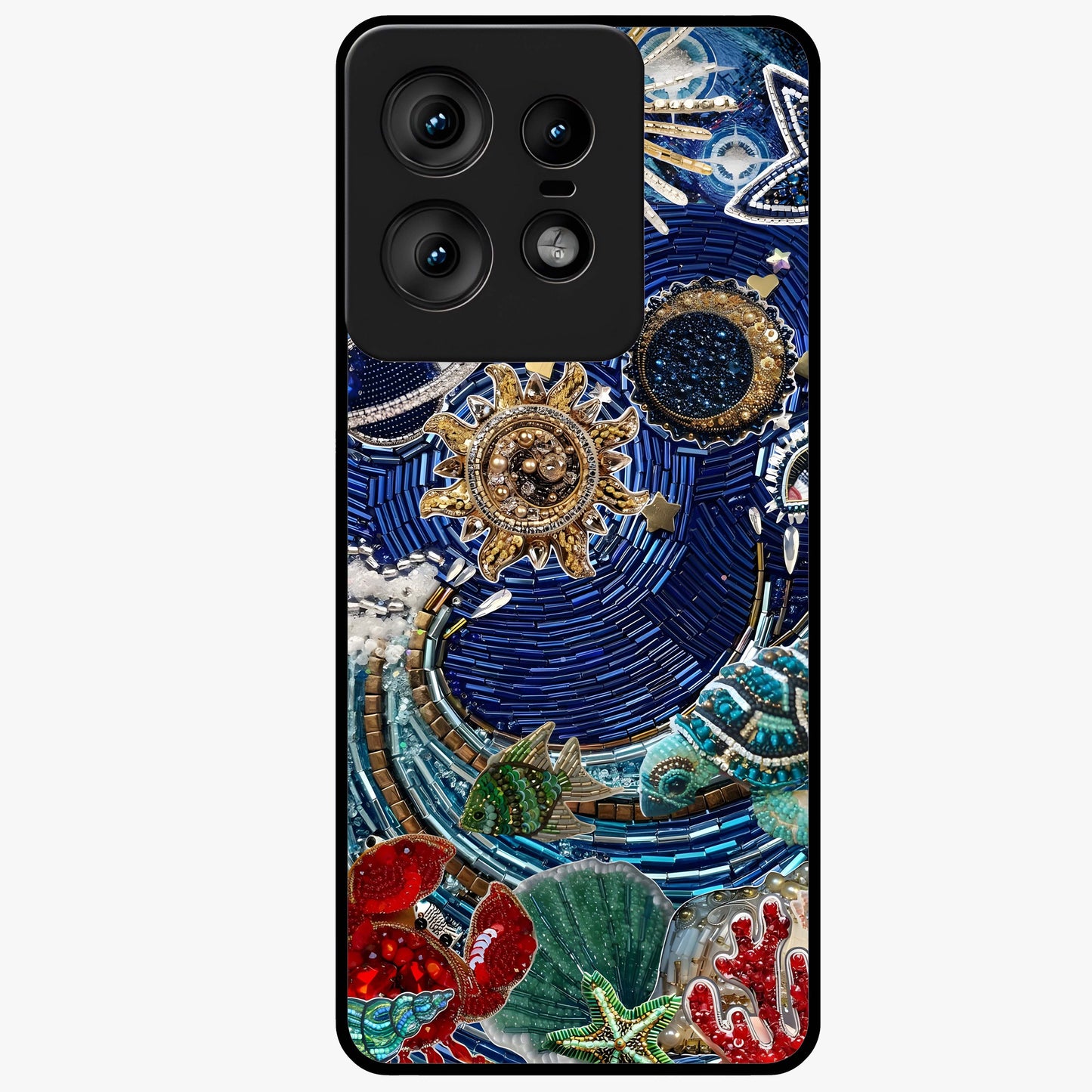 Universe Underwater Spark Glass Case showing flat back view with cosmic underwater themed artwork and glossy glass finish.