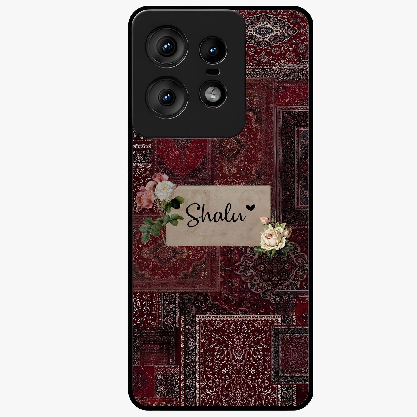 Velvet Wine Pattern Custom Name Glass Case showing flat back view with elegant wine colored pattern artwork and personalized name design.