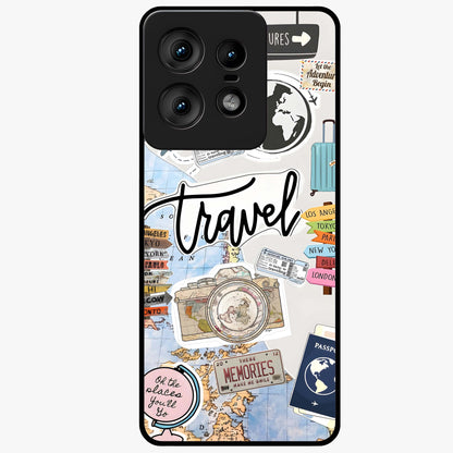 Wanderlust Journal Glass Case showing flat back view with travel inspired artwork and glossy glass finish.
