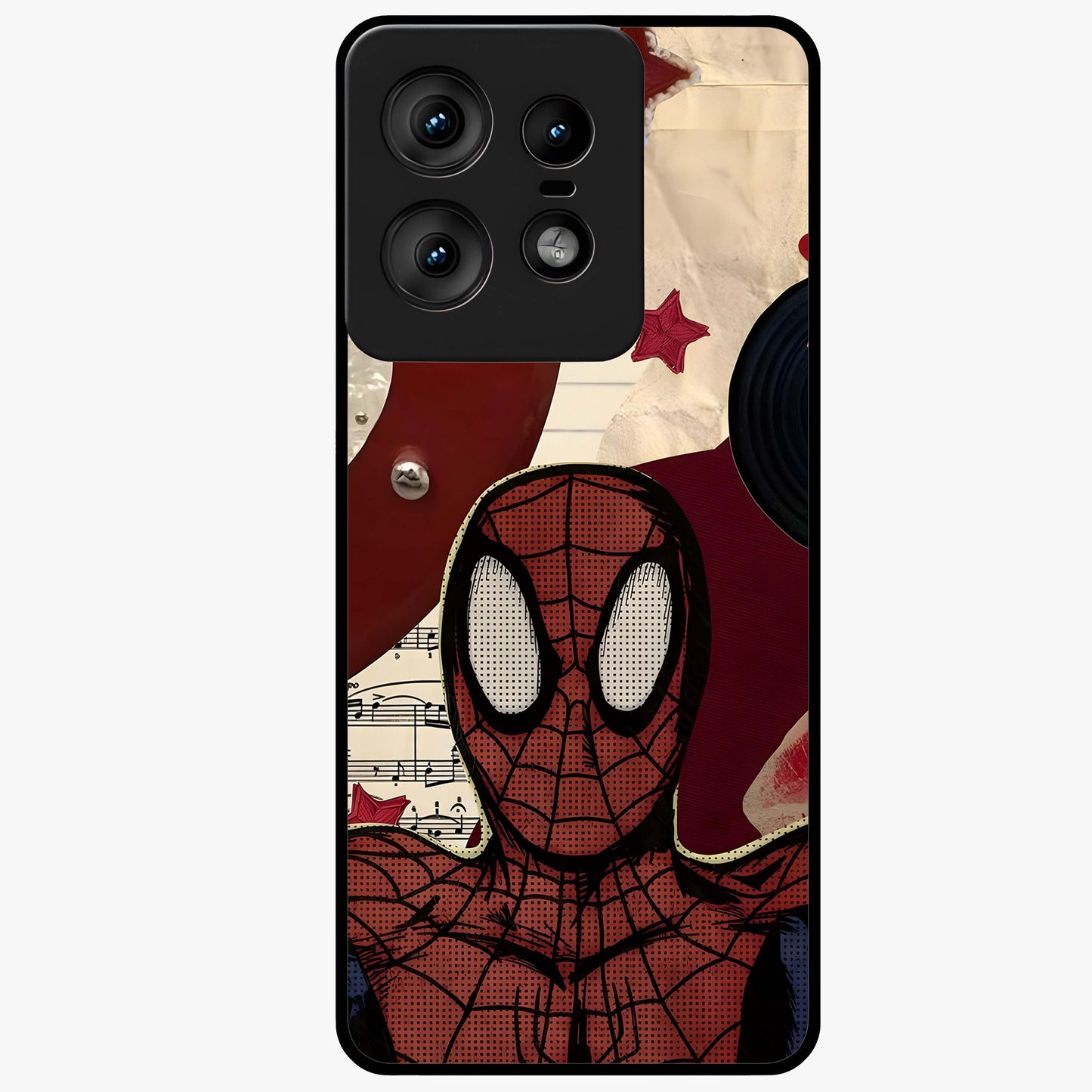 Web Warrior Vibes Glass Case showing flat back view with superhero inspired web themed artwork and glossy glass finish.