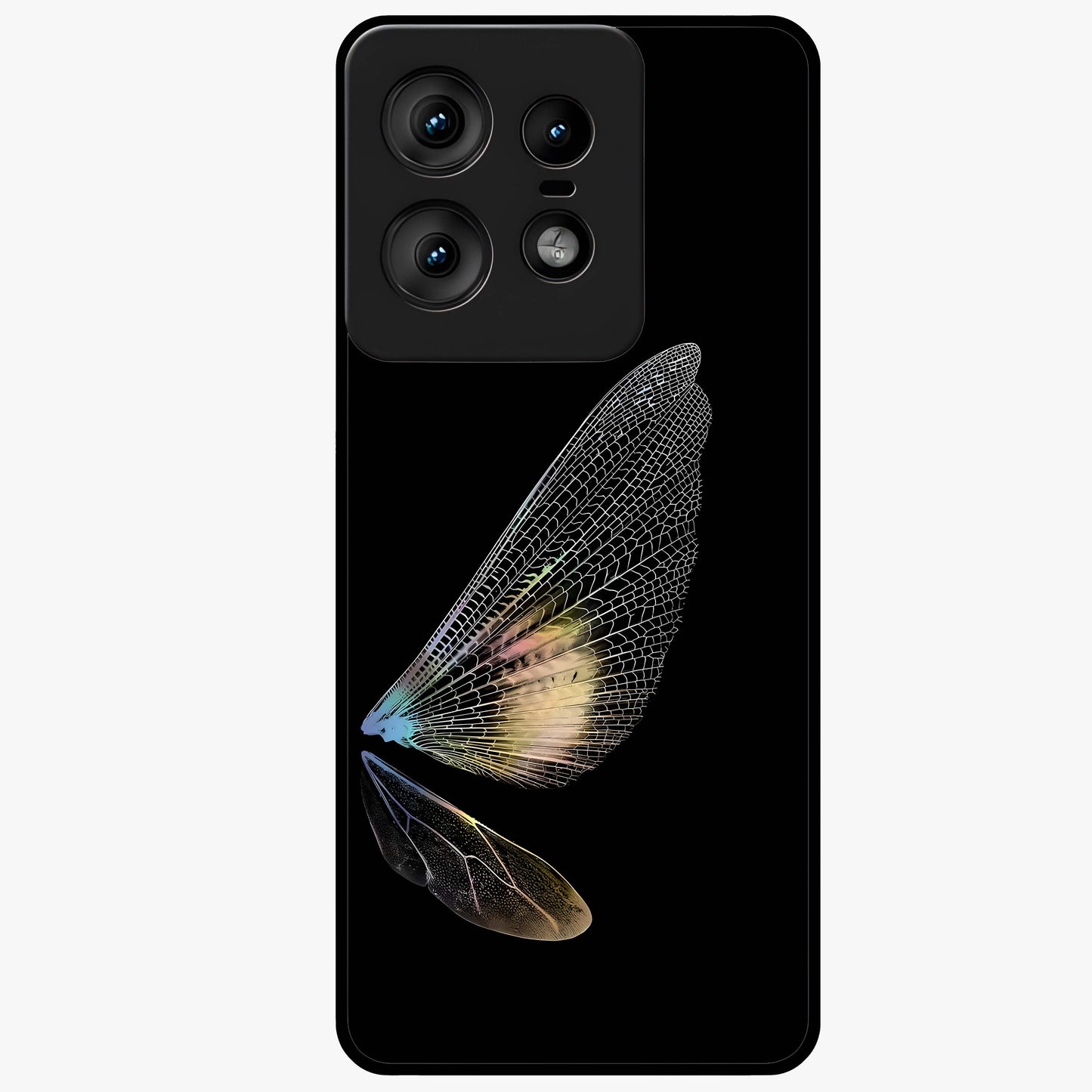 Whispers Of Wings Glass Case showing flat back view with graceful wing inspired artwork and glossy glass finish.