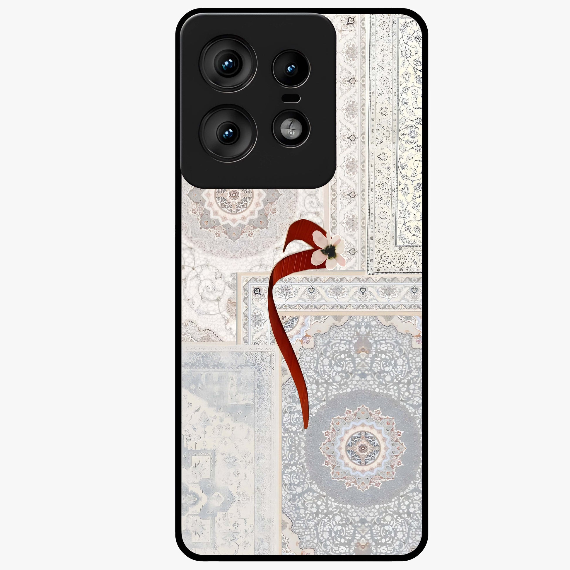 White Aesthetic Bow Glass Case showing flat back view with minimal bow artwork and glossy glass finish.