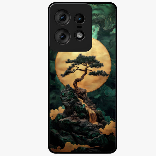 Zen Moon Rise Glass Case showing flat back view with calm moonrise artwork and glossy glass finish.