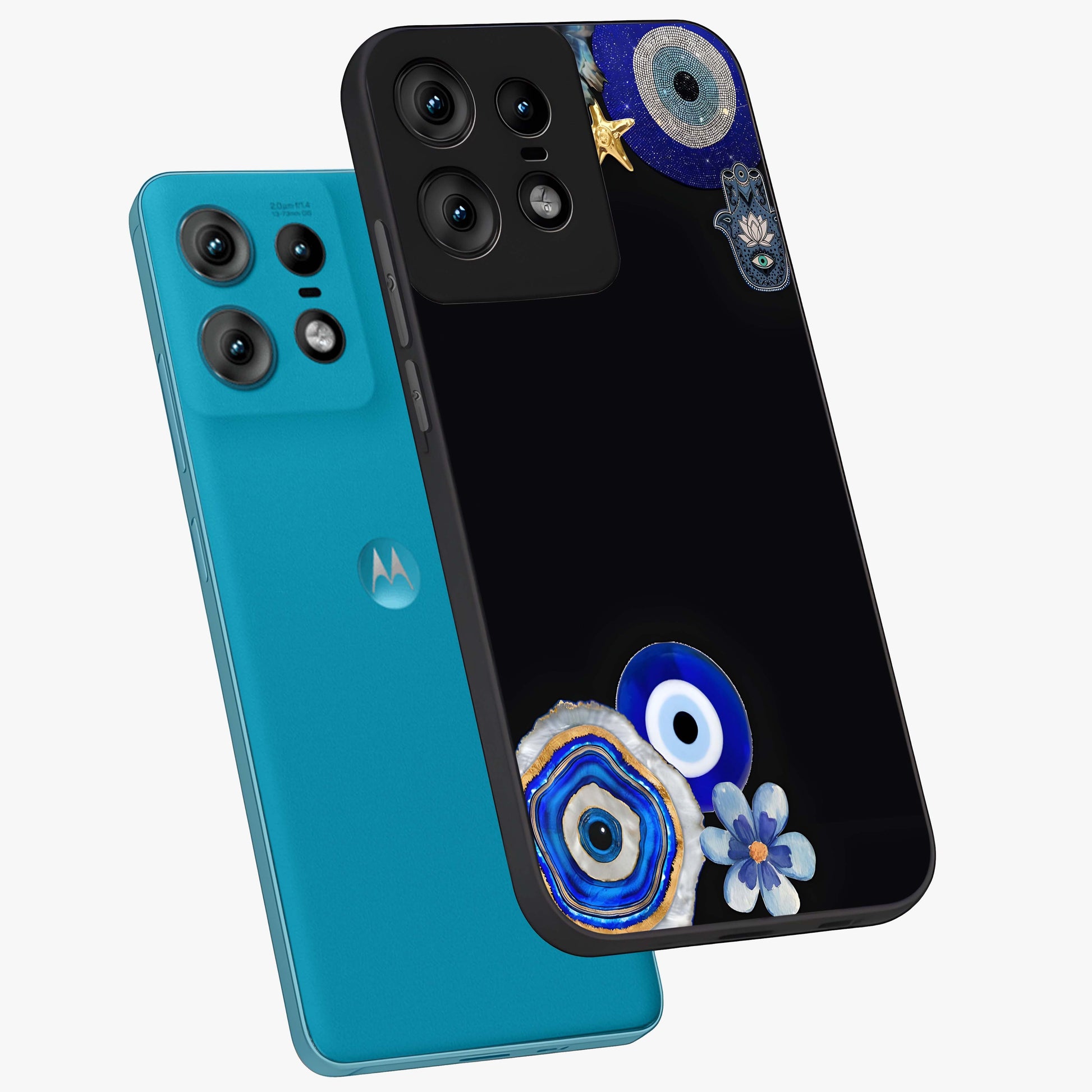 Aesthetic Blue Evil Eye Glass Case displayed in angled mockup highlighting blue evil eye symbol and spiritual aesthetic design.
