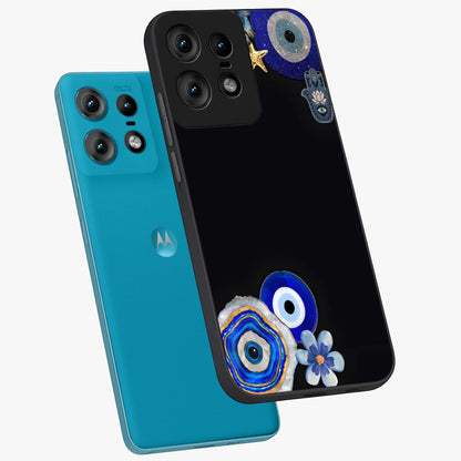 Aesthetic Blue Evil Eye Glass Case displayed in angled mockup highlighting blue evil eye symbol and spiritual aesthetic design.