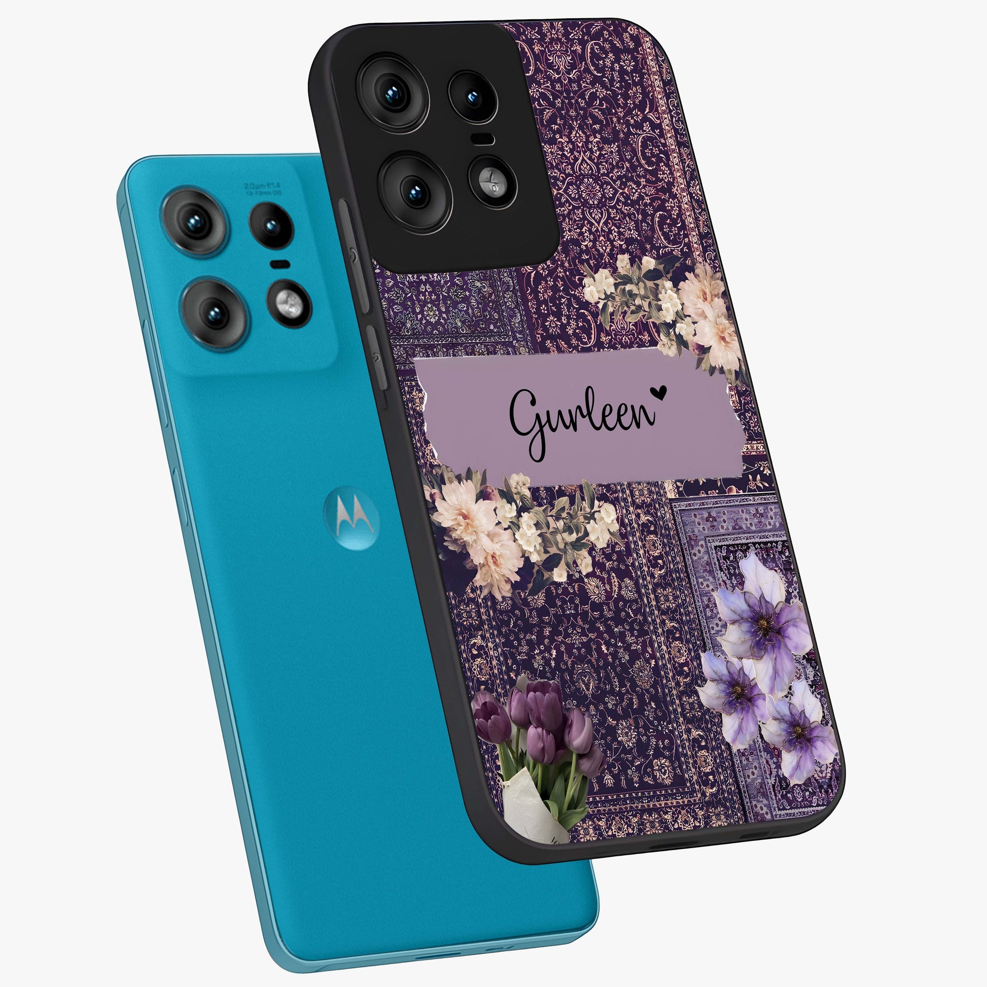 Antique Floral Whisper Custom Name Glass Case displayed in angled mockup highlighting elegant antique floral aesthetic.