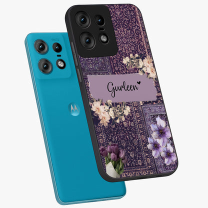 Antique Floral Whisper Custom Name Glass Case displayed in angled mockup highlighting elegant antique floral aesthetic.
