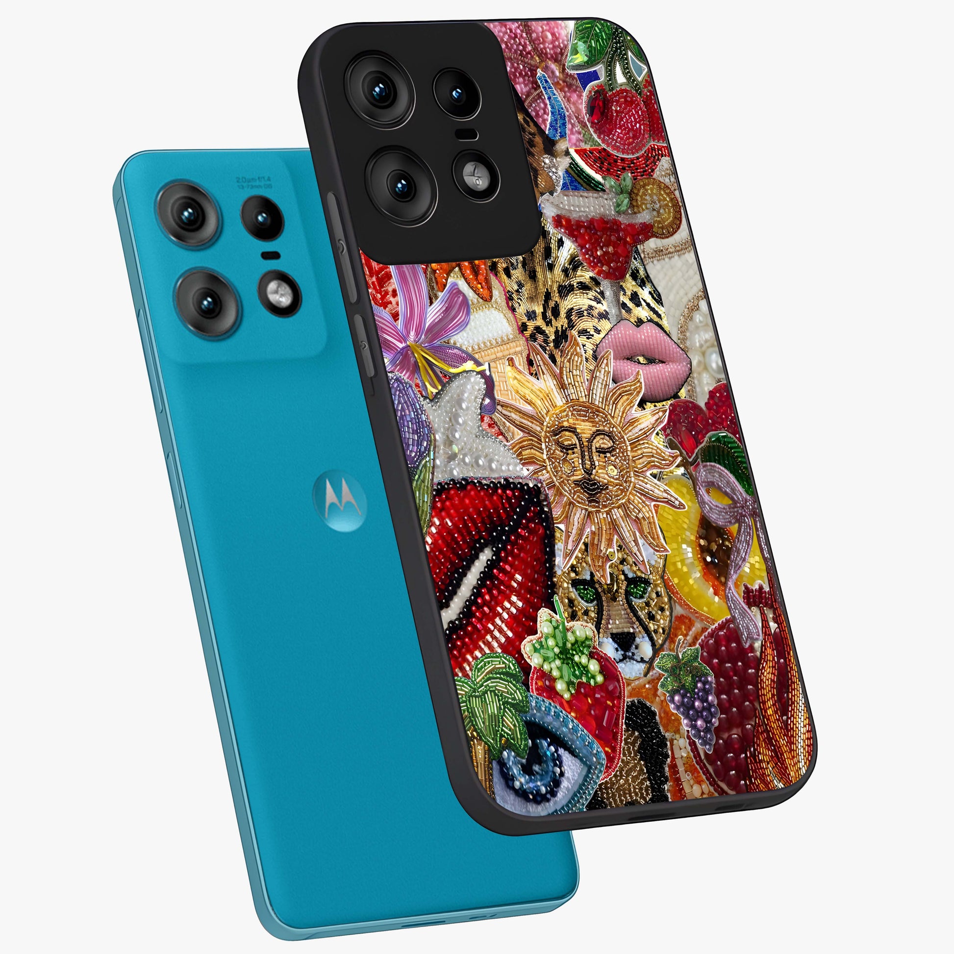 Beaded Fashion Jungle Glass Case displayed in angled mockup highlighting colorful fashion bead design and artistic pattern.
