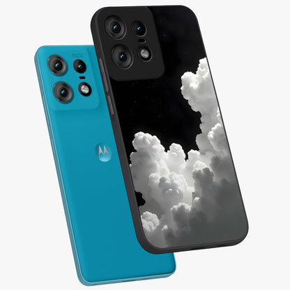 Black Background With White Cloud Glass Case displayed in angled mockup highlighting soft white cloud illustration and minimal design.