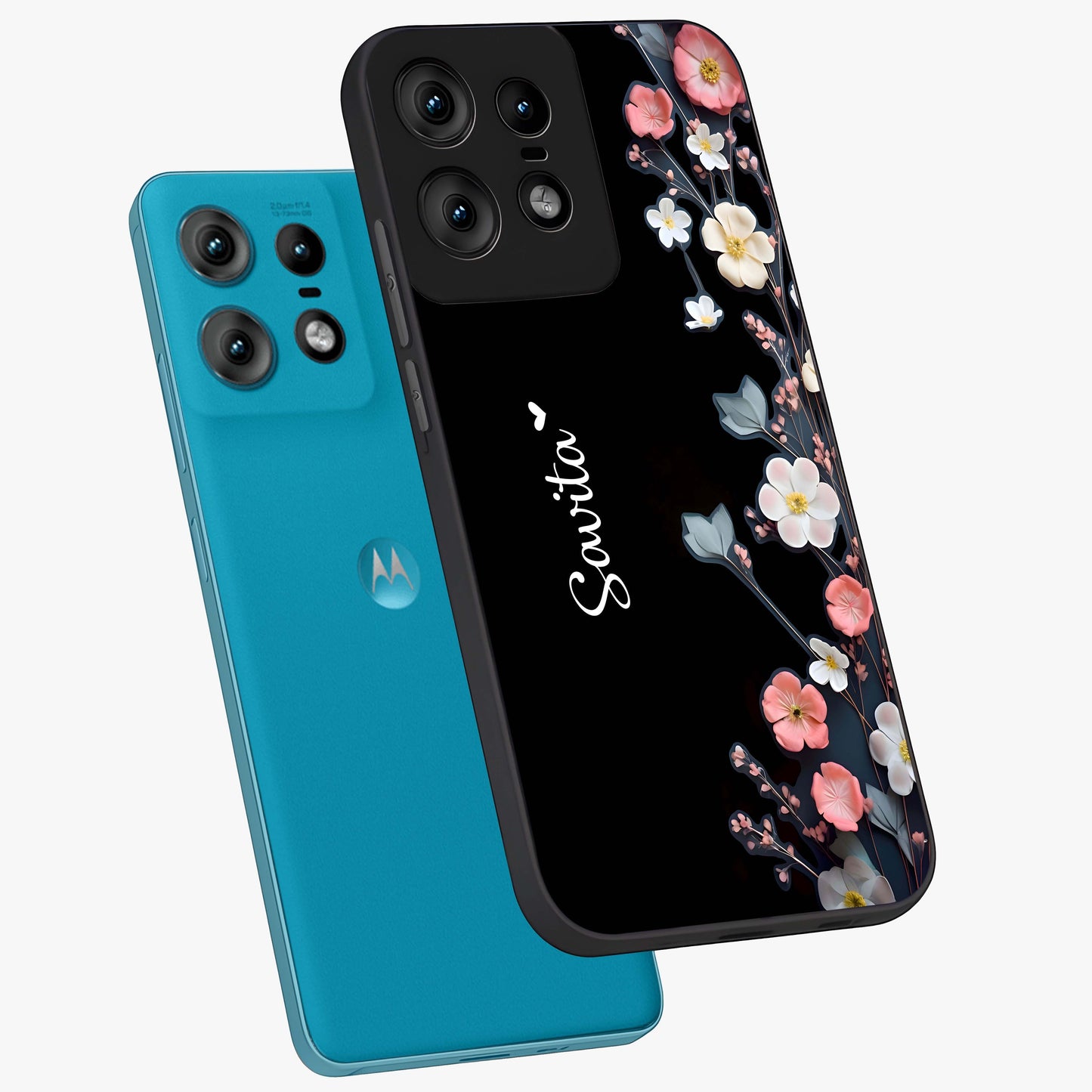 Black Elegance Floral Custom Name Glass Case displayed in angled mockup highlighting dark floral aesthetic and custom name feature.