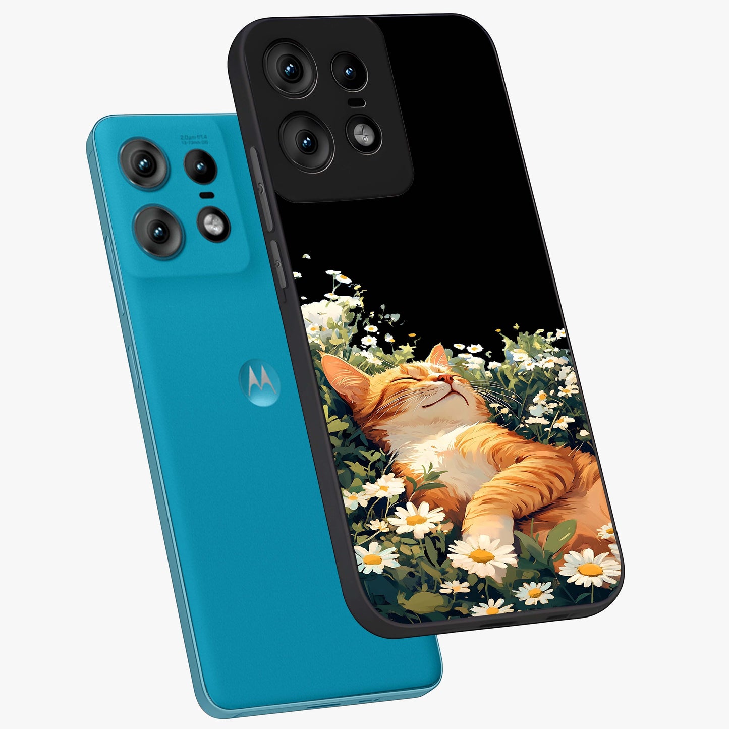 Blissful Bloom Cat Glass Case displayed in angled mockup highlighting playful feline illustration with soft floral aesthetic.