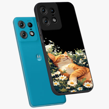 Blissful Bloom Cat Glass Case displayed in angled mockup highlighting playful feline illustration with soft floral aesthetic.