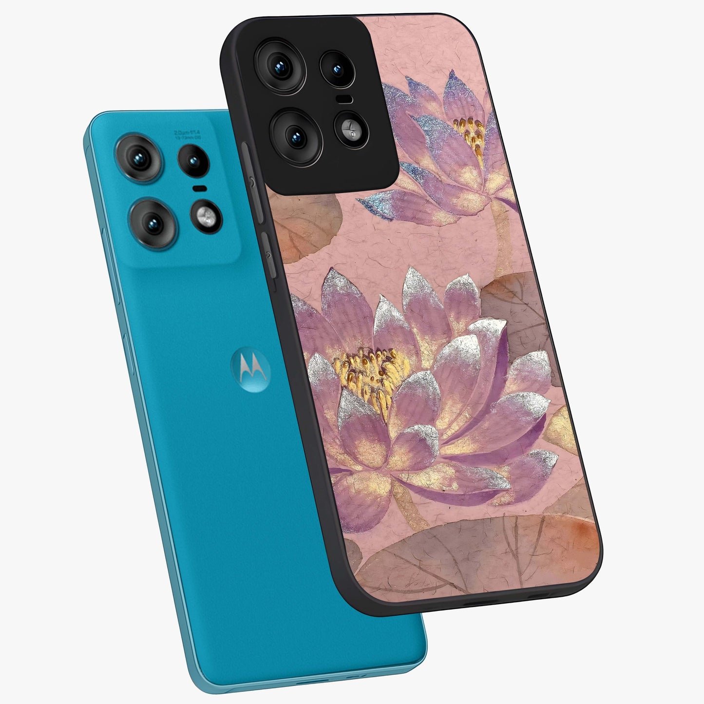 Blossom Mist Lotus Glass Case displayed in angled mockup highlighting delicate lotus illustration with calm aesthetic theme.