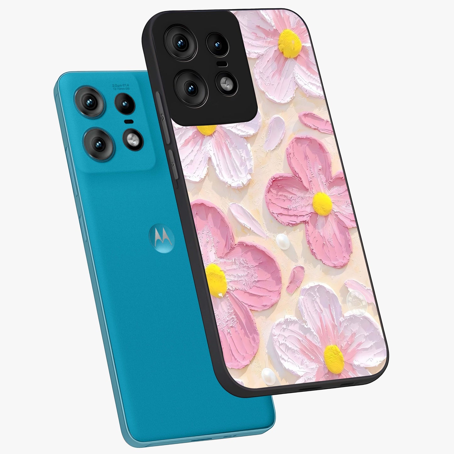 Blush Bloom Texture Glass Case displayed in angled mockup highlighting subtle bloom pattern with aesthetic pastel design.