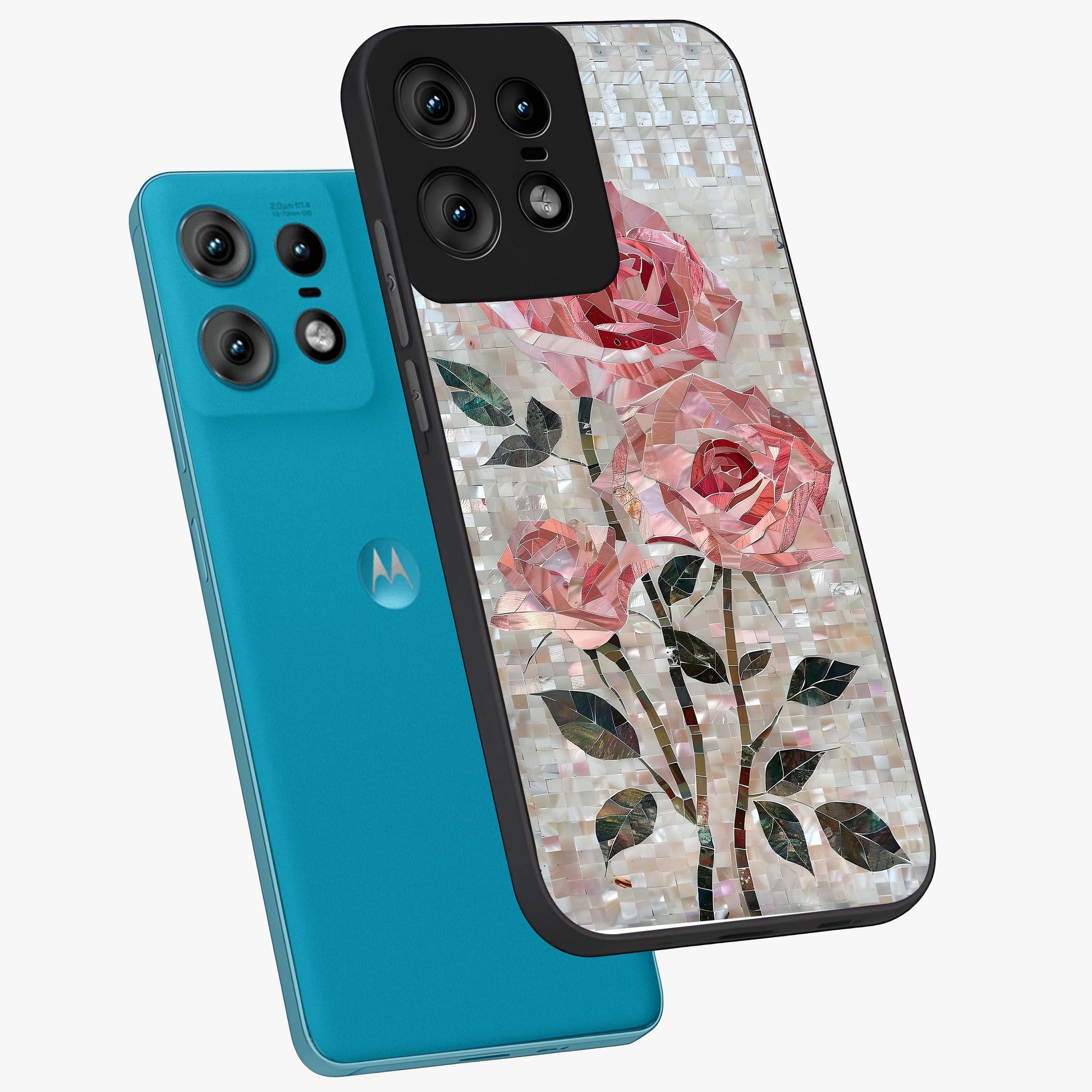Blush Mosaic Bloom Glass Case displayed in angled mockup highlighting artistic mosaic flower pattern with aesthetic design.