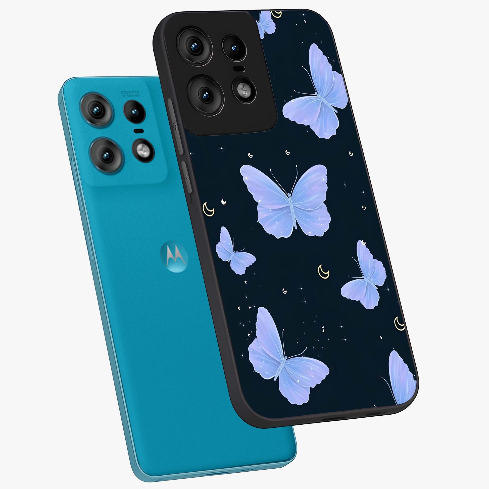 Butterfly With Stars Pattern Glass Case displayed in angled mockup highlighting dreamy butterfly and star design with aesthetic theme.
