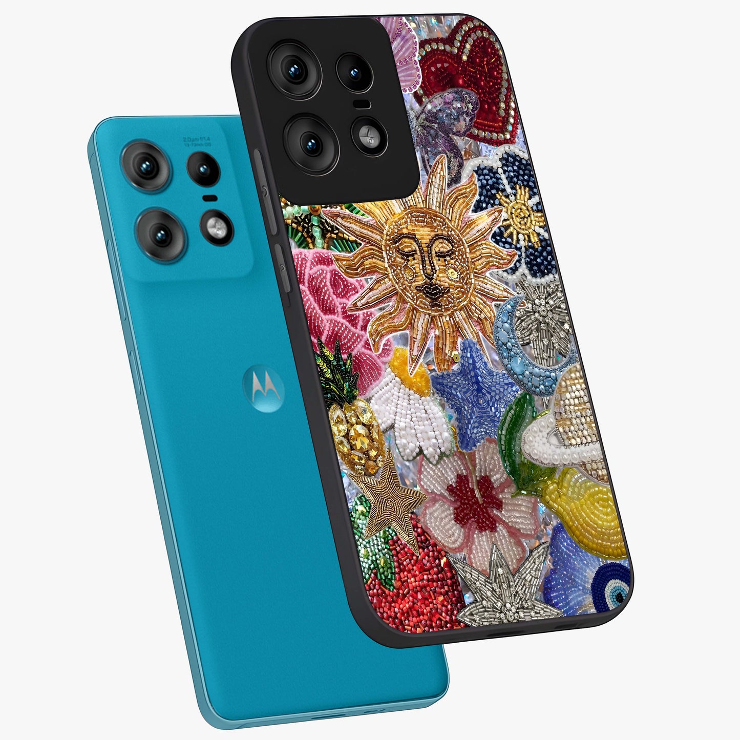Celestial Floral and Playful Glass Case displayed in angled mockup highlighting playful floral design with dreamy celestial elements.