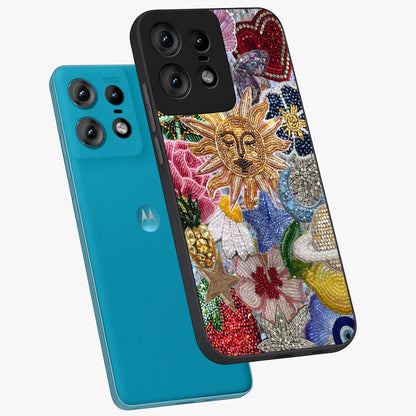 Celestial Floral and Playful Glass Case displayed in angled mockup highlighting playful floral design with dreamy celestial elements.