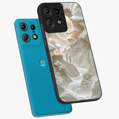 Celestial Origami Glass Case displayed in angled mockup highlighting geometric origami design with cosmic aesthetic theme.