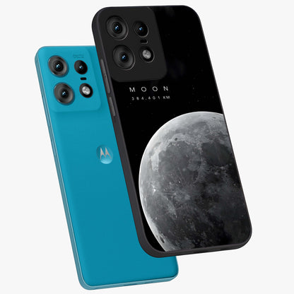 Cosmic Moon Glow Glass Case displayed in angled mockup highlighting celestial moon design with cosmic aesthetic theme.