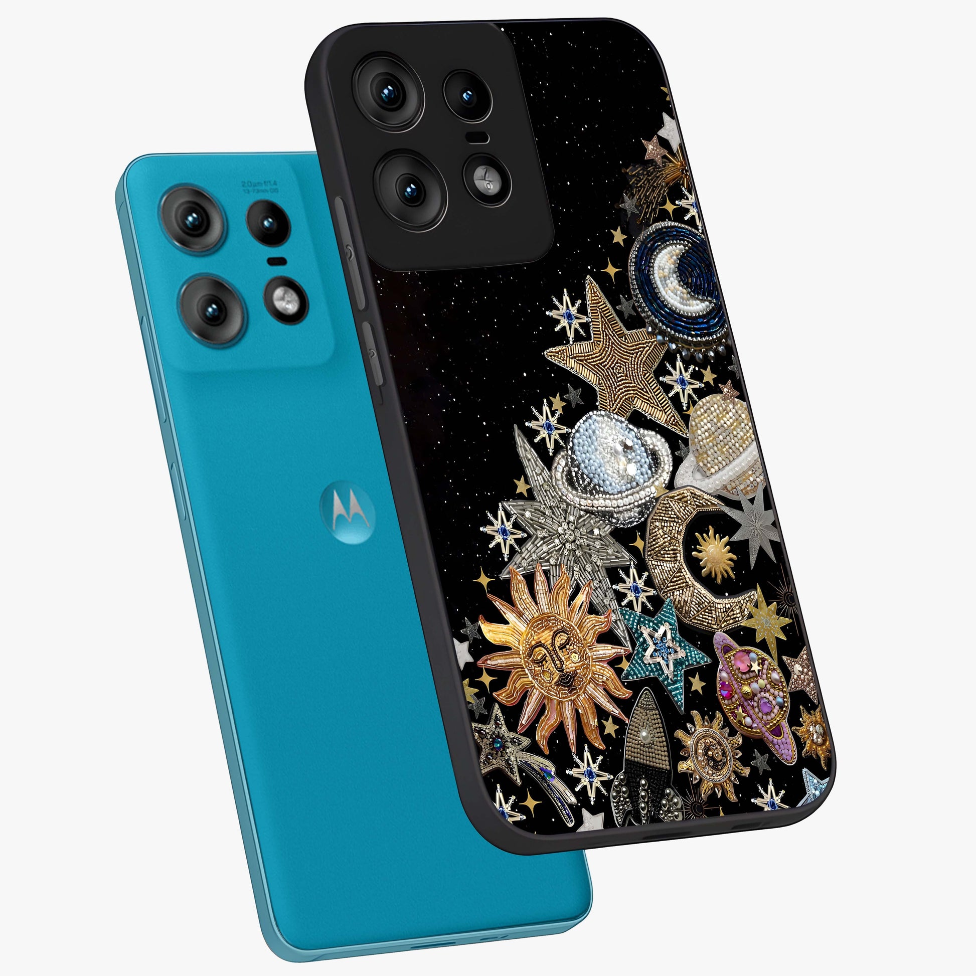 Cosmic Sparkle Dreams Glass Case displayed in angled mockup highlighting dreamy star sparkle design with celestial aesthetic.