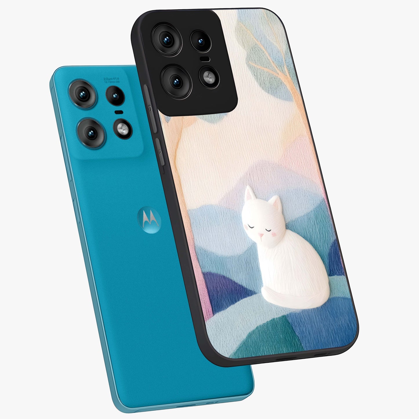 Cotton Dream Cat Glass Case displayed in angled mockup highlighting cute feline illustration with pastel aesthetic style.