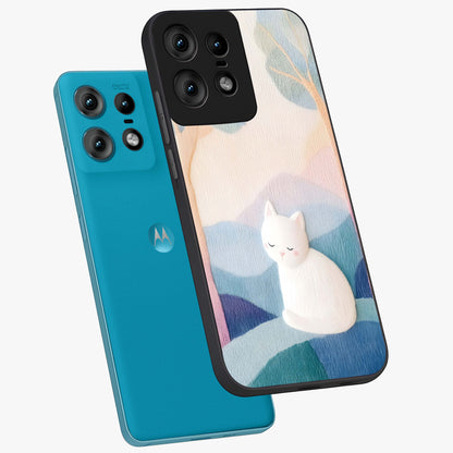 Cotton Dream Cat Glass Case displayed in angled mockup highlighting cute feline illustration with pastel aesthetic style.