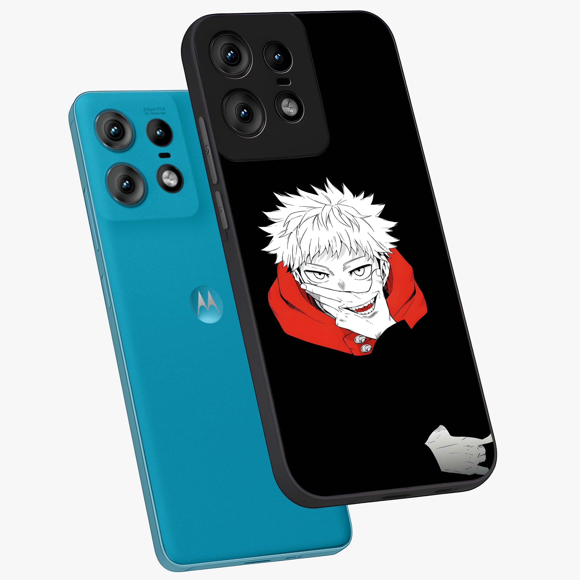 Crimson Chaos Smile Glass Case displayed in angled mockup highlighting edgy crimson smile design with graphic aesthetic.